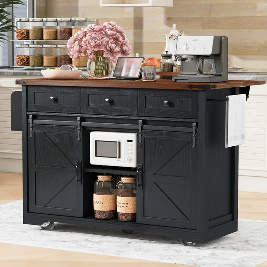 54" Black Wood Rolling Kitchen Island-0