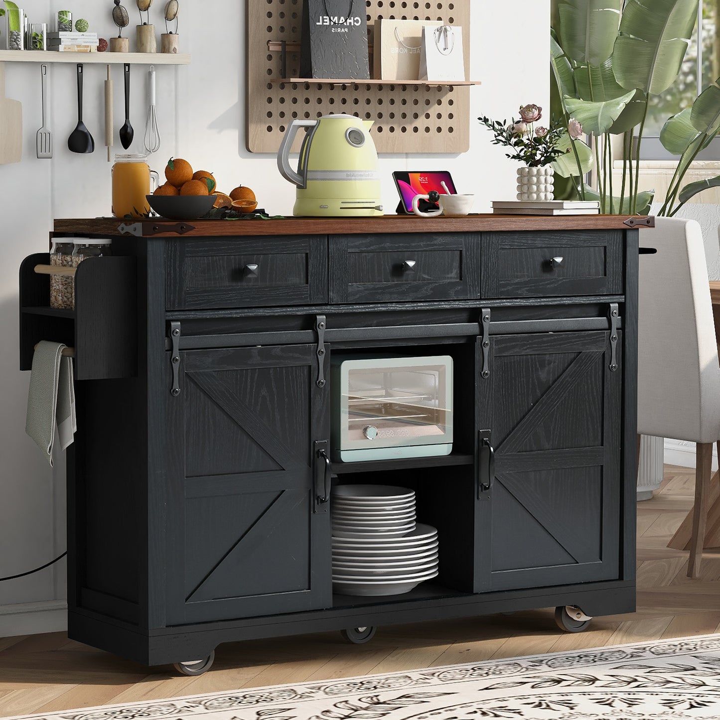 54" Black Wood Rolling Kitchen Island-1