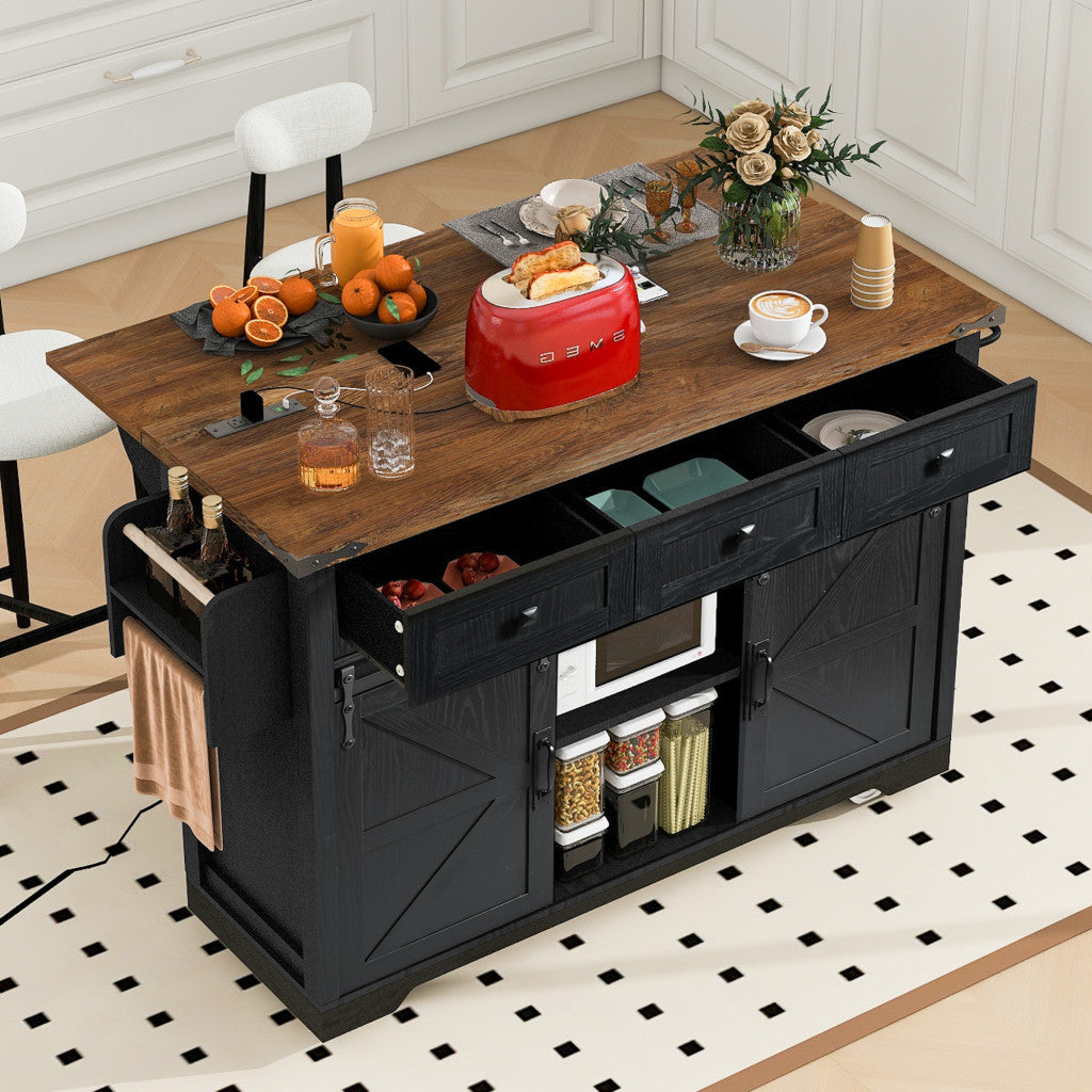 54" Black Wood Rolling Kitchen Island-2