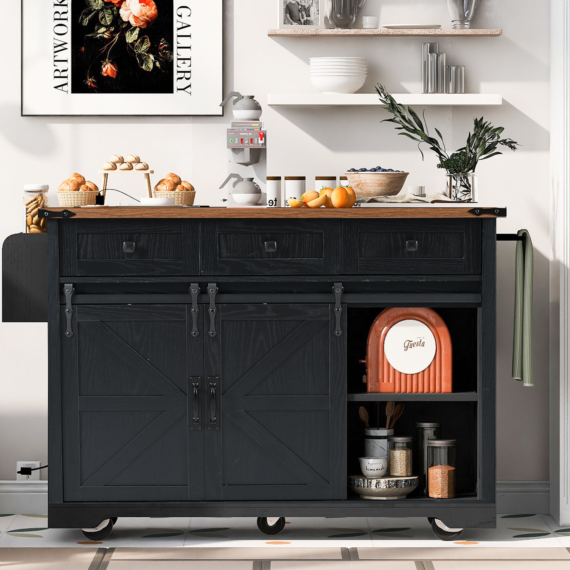 54" Black Wood Rolling Kitchen Island-3