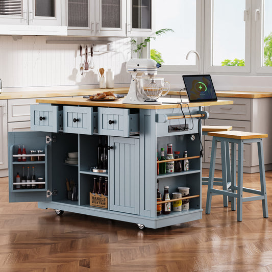 53" Light Blue Wood Rolling Kitchen Island With Storage-0