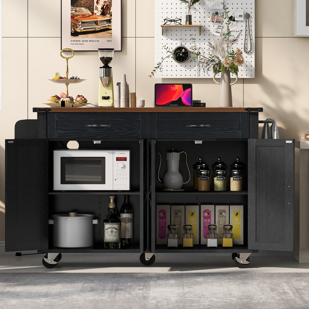 54" Black Wood Rolling Kitchen Island-1