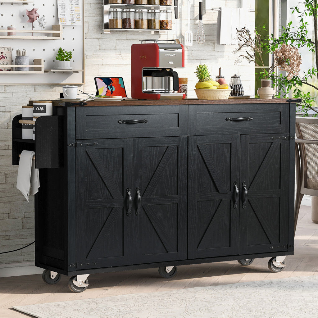 54" Black Wood Rolling Kitchen Island-2