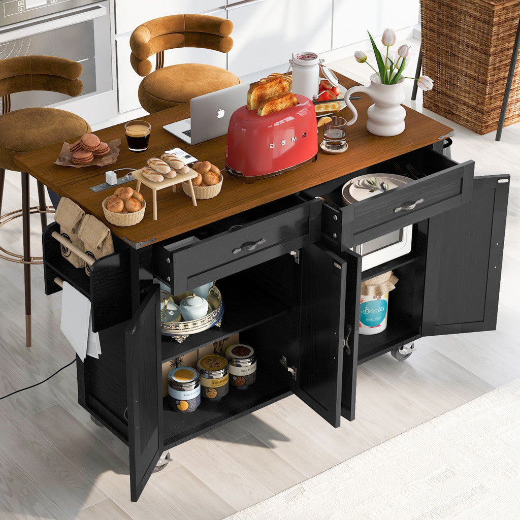 54" Black Wood Rolling Kitchen Island-3