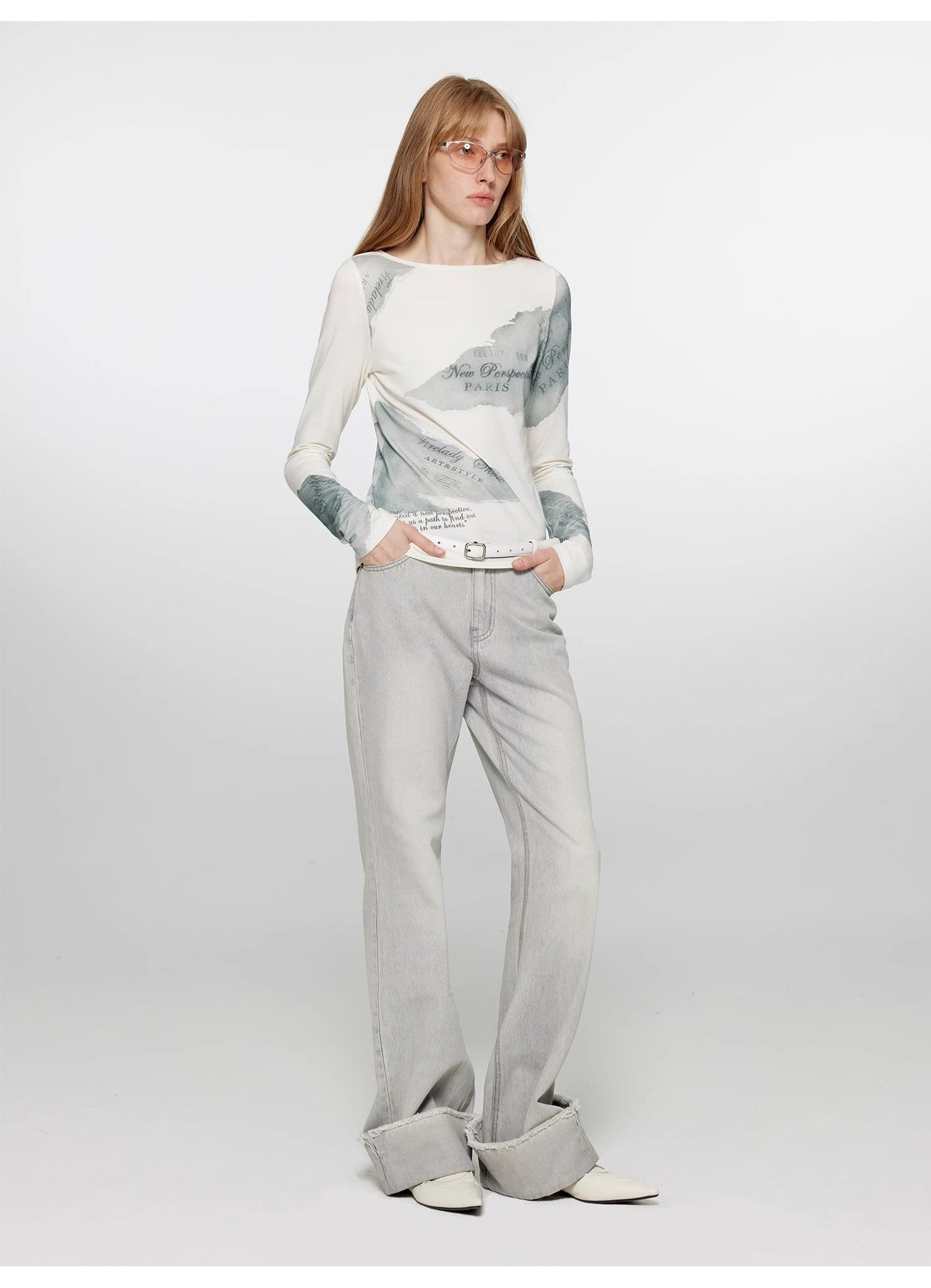 Silk Cotton Blended/Original Printed One-line Collar Long Sleeve T-Shirt Women's Fitted Top "Letter from Morning and Evening" Spring-0