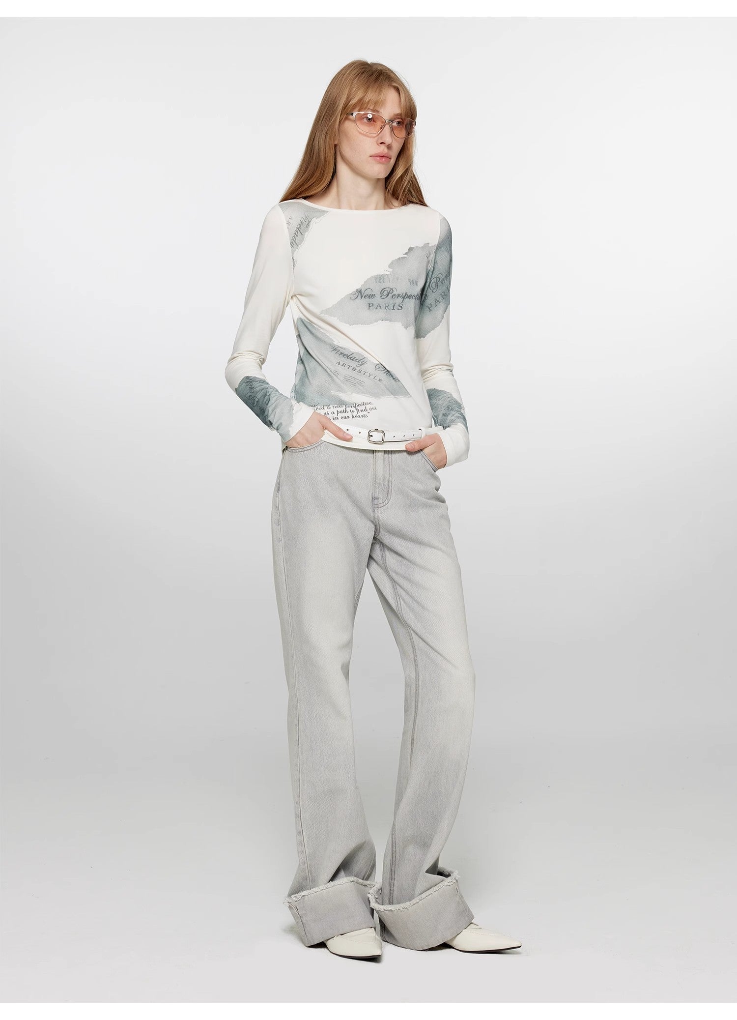 Silk Cotton Blended/Original Printed One-line Collar Long Sleeve T-Shirt Women's Fitted Top "Letter from Morning and Evening" Spring-0