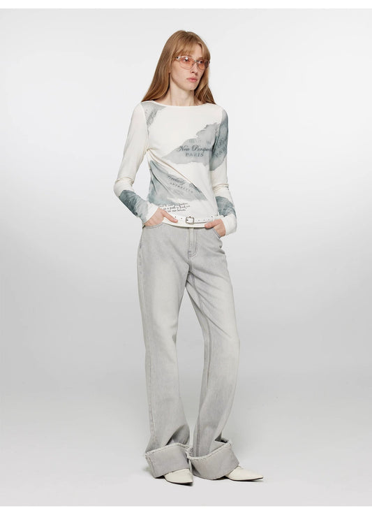 Silk Cotton Blended/Original Printed One-line Collar Long Sleeve T-Shirt Women's Fitted Top "Letter from Morning and Evening" Spring-0