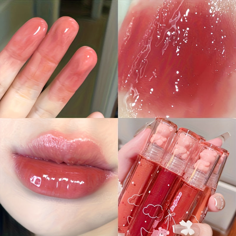 6 Color Lip Glaze, Cute Little Bear, Mirror Gloss, Jelly Lips With Sparkling Light Dew Water, Long-lasting Stain Resistant Transparent Film Forming Lip Gloss, Full Lip Color