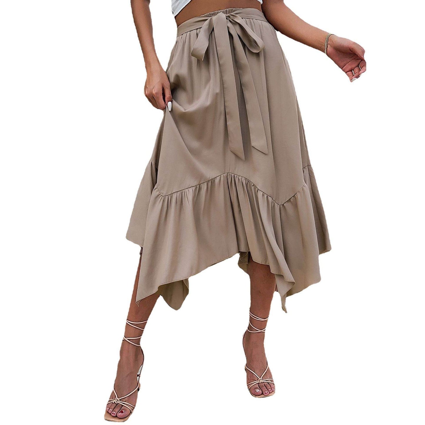 Women's Mid-length Lace-up Irregular Stitching Ruffle Midi Skirt