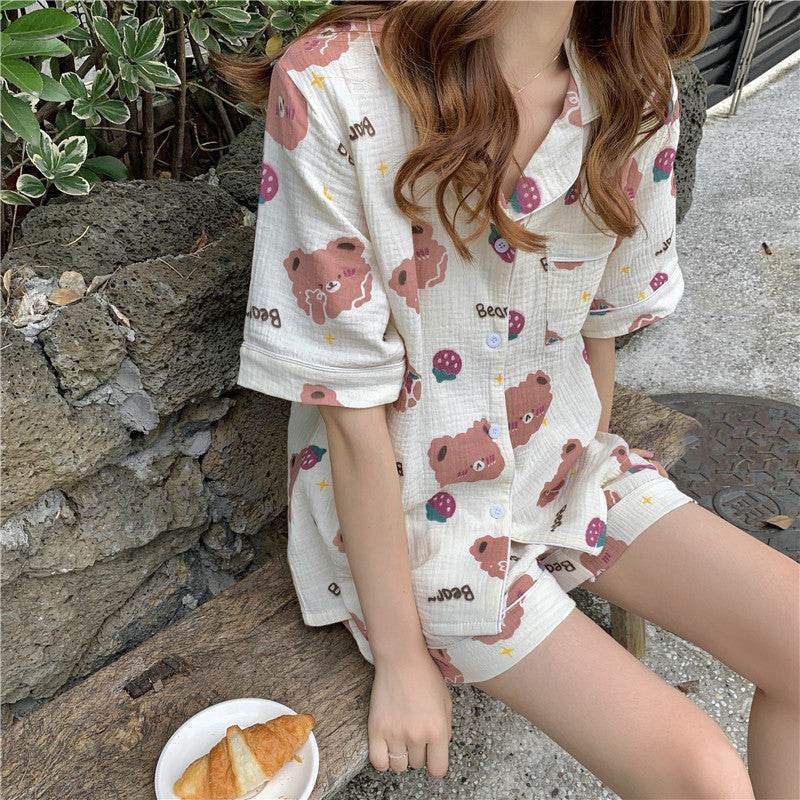 Little Bear Strawberry Print Short Sleeve Shorts Women Pajamas Sleep and Lounge wear