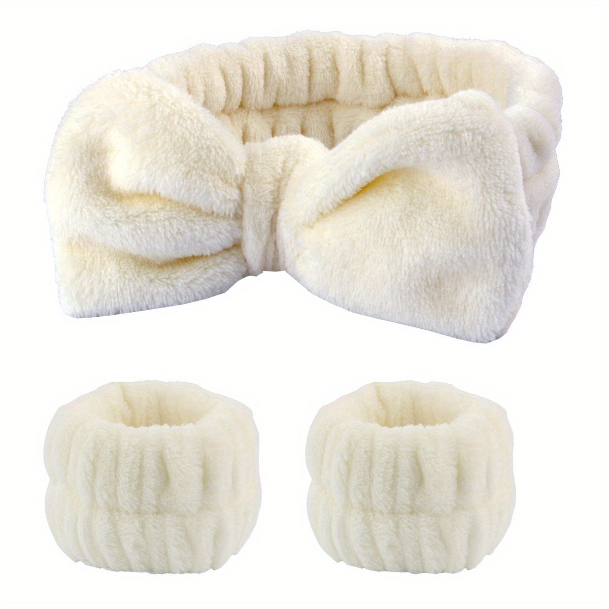 Solid Color Butterfly End Headband Wristband Set Women's Wash Beauty Makeup Headband Wrist Flannel Hair Accessories Headwear Face Wash Headband Wrist Set Plush Elastic Headband Ladies Accessories Set