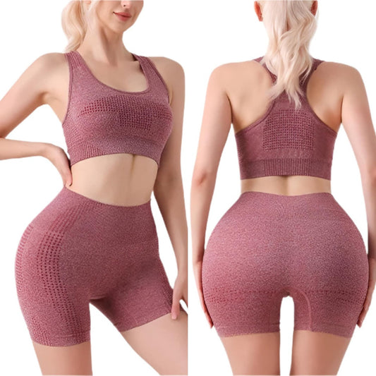 Misharen Women's Seamless Workout Yoga Set 2 Piece Vest & Butt Lift Shorts Leggings, High-Waist, Stretchable, Breathable Gym Suite for Workout, Running & Pilates-0