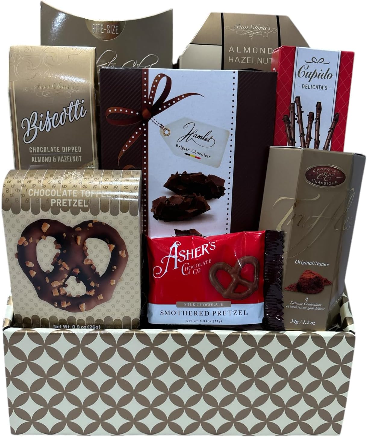 Delicious Choice Gift Basket - Includes chocolate pretzels, cookies, Belgium chocolate, Biscotti and more.-0