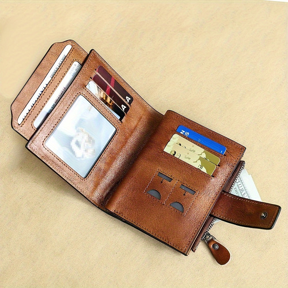 1pc CIEPHIA Men's Genuine Leather Wallet Vintage RFID Blocking Anti-Theft Billfold with Adjustable Strap, 17 Card Slots, ID Window, Coin Pocket & Zipper Closure - Deep Brown, Valentine's Day Gift for Men, Perfect for Thanksgi