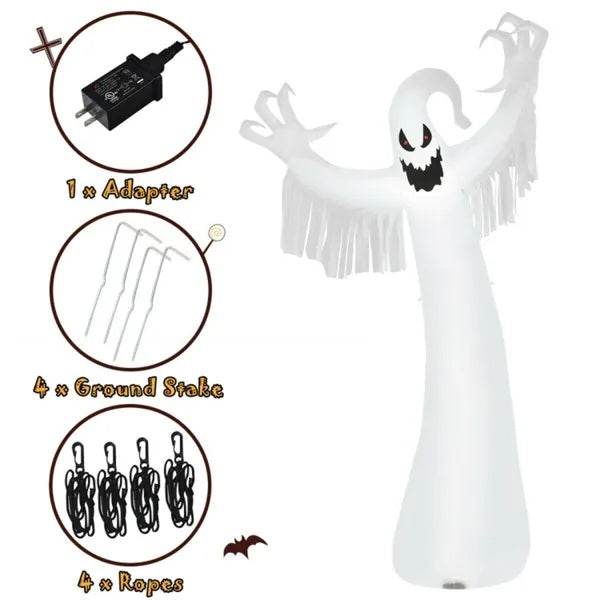 Spooky Halloween Inflatable Ghost - 12 Ft Tall With LED Lights, Waterproof Fabric, Spikes Ropes For Stability, White