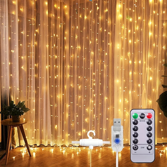 300 LED Warm Fairy Curtain Lights, 9.8 x 9.8ft - USB Powered, 8 Lighting Modes with Remote Control, Perfect for Bedroom & Party Decor, Includes Hook for Easy Hanging, LED Lights for Bedroom