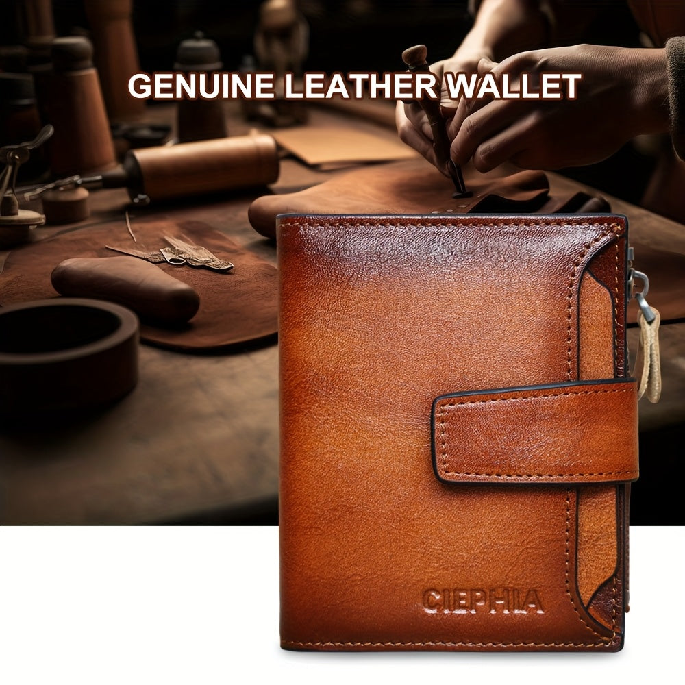 1pc CIEPHIA Men's Genuine Leather Wallet Vintage RFID Blocking Anti-Theft Billfold with Adjustable Strap, 17 Card Slots, ID Window, Coin Pocket & Zipper Closure - Deep Brown, Valentine's Day Gift for Men, Perfect for Thanksgi
