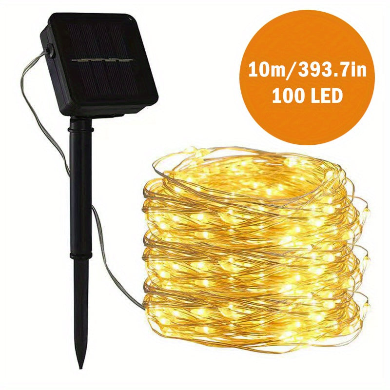 Outdoor Solar String Light, 32.8 Feet 100 LED Solar Fairy Light With 8 Modes, Copper Wire Light, Party Tree, Courtyard Ramadan Valentine's Day Decoration