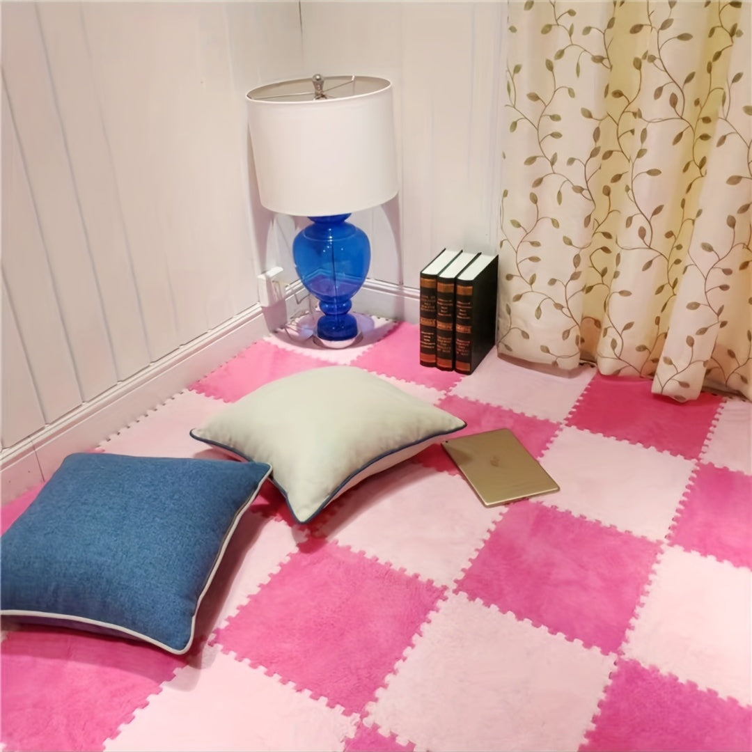12pcs, Foam Puzzle Floor Mat Rug, Cute Pink Puzzle Floor Mat Interlocking Fluffy Flooring Tiles Soft Climbing Area Rugs Plush Interlocking Carpet Tiles For Home Playroom Bedroom Decor, Bedroom Accessories, Removable And Washa