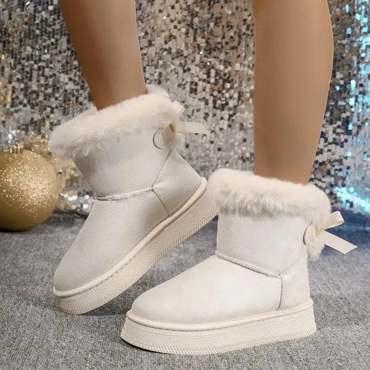 Winter Snow Boots With Bowknot Fashion Round Toe Flat Thickened Suede Cotton Shoes For Women Casual Warm Plush Short Boot