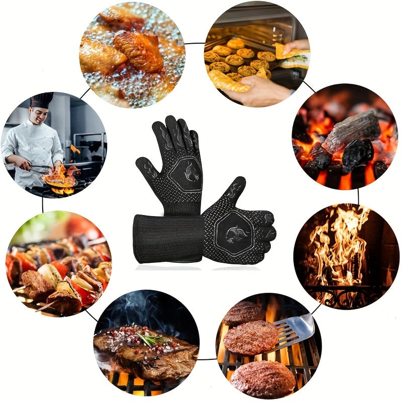1 Pair BBQ Grill Gloves, Resistant Gloves Heat Resistant Fireproof Gloves, Washable Non-Slip Silicone Oven Gloves, Kitchen Safe Cooking Gloves For Oven Mitts, Barbecue, Cooking, Frying, 12.6inch