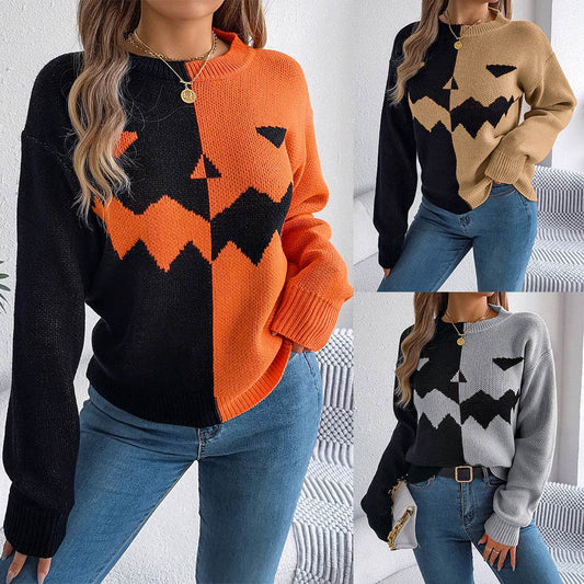 Fall And Winter Halloween Spooky Pumpkin Contrast Long Sleeve Pullover Sweater Women's Clothing