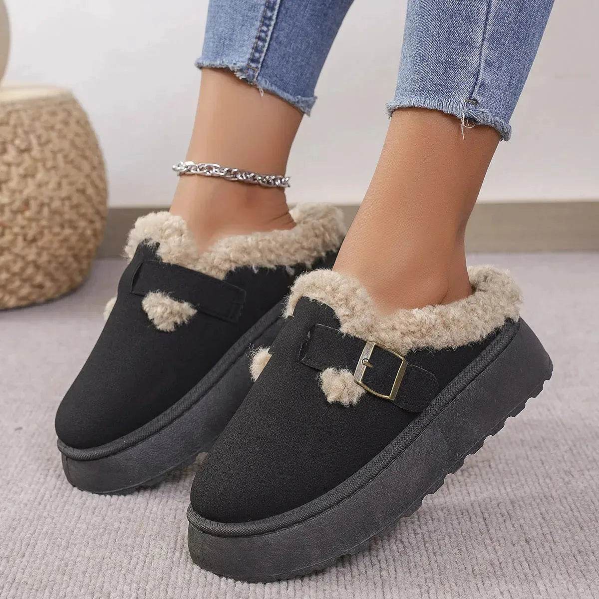Fashion Thick-soled Plush Buckle Cotton Home platform Winter Slippers Indoor And Outdoor Casual Warm Women Garden Slipper