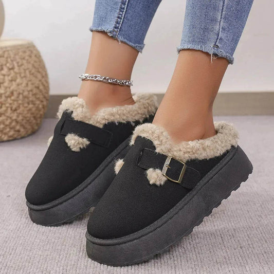 Fashion Thick-soled Plush Buckle Cotton Home platform Winter Slippers Indoor And Outdoor Casual Warm Women Garden Slipper