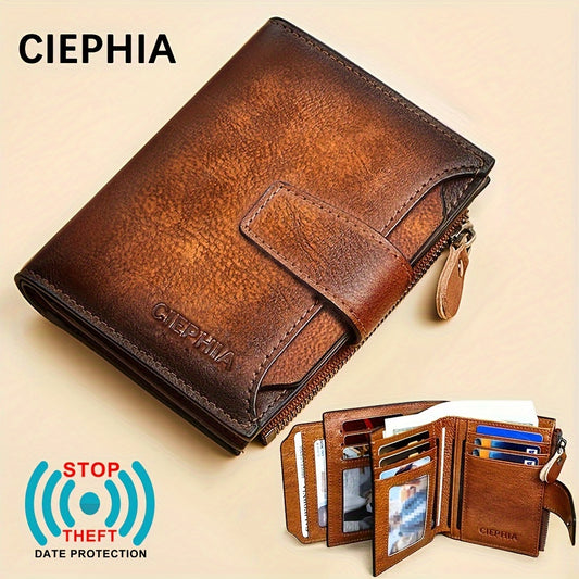 1pc CIEPHIA Men's Genuine Leather Wallet Vintage RFID Blocking Anti-Theft Billfold with Adjustable Strap, 17 Card Slots, ID Window, Coin Pocket & Zipper Closure - Deep Brown, Valentine's Day Gift for Men, Perfect for Thanksgi
