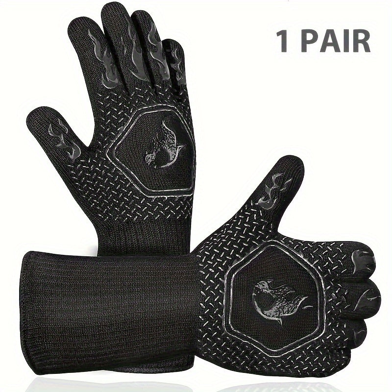 1 Pair BBQ Grill Gloves, Resistant Gloves Heat Resistant Fireproof Gloves, Washable Non-Slip Silicone Oven Gloves, Kitchen Safe Cooking Gloves For Oven Mitts, Barbecue, Cooking, Frying, 12.6inch