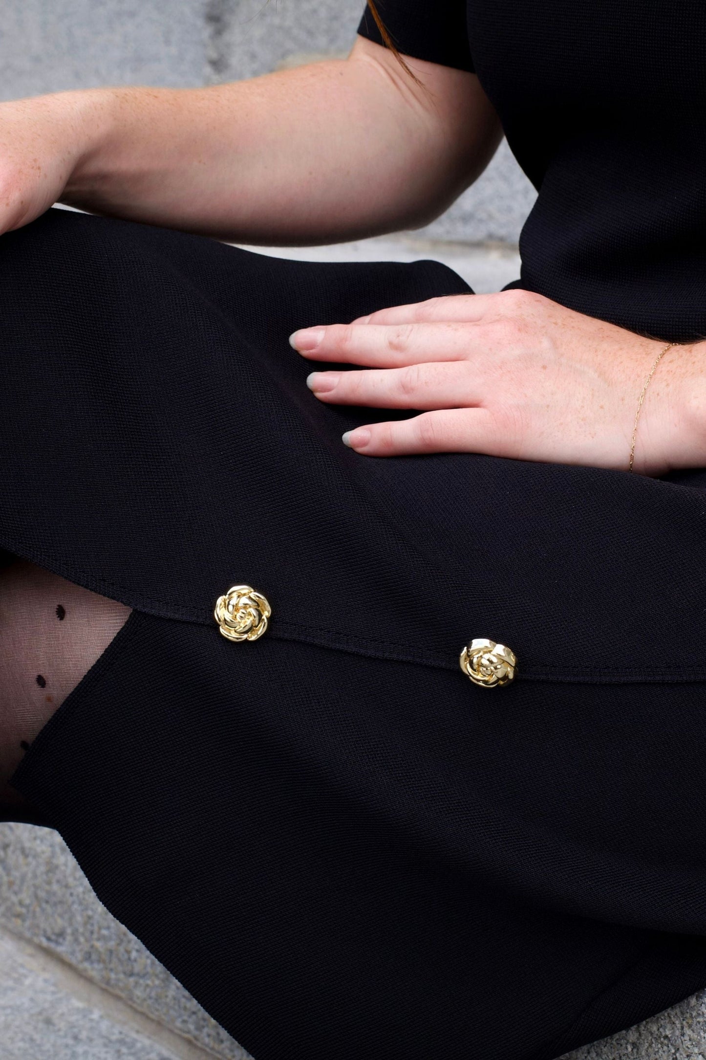 Cleo Black A-Line Dress Short Sleeves Gold Button Front Detail-2