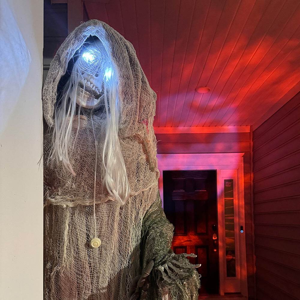 74inch Life Size Outdoor Halloween Decorations Skeleton Witch, Sound And Motion Activated Animated Prop Animatronic Decor With Light Up Eyes, Spooky Sound