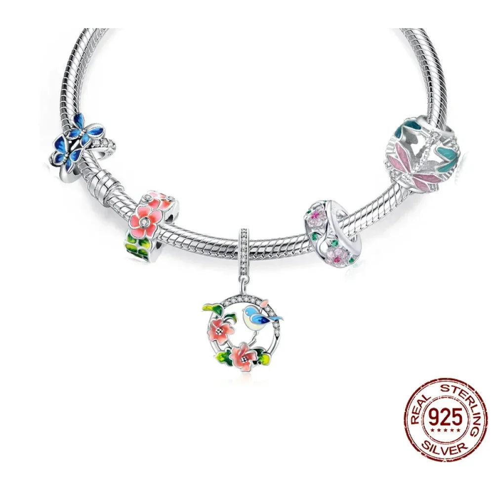 925 Sterling Silver Colorful Birds Flowers Leaves Cz Pendant - Jewelry Charm For Bracelets And Necklaces