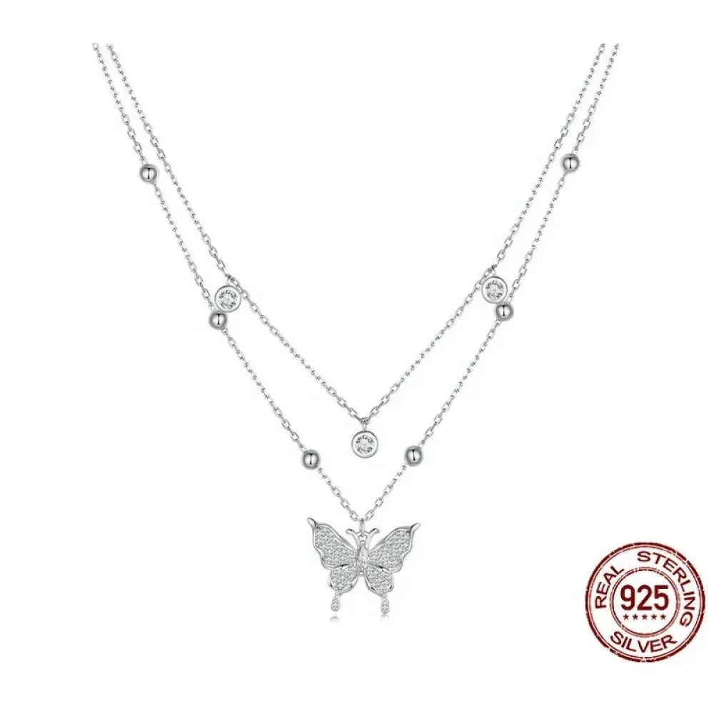 925 Sterling Silver Double-layer Tassel Butterfly Pendant Necklace for Women - Elegant Fine jewelry