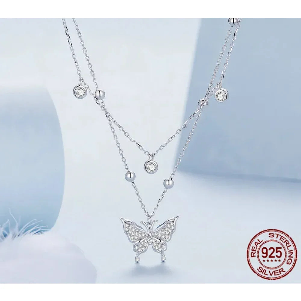 925 Sterling Silver Double-layer Tassel Butterfly Pendant Necklace for Women - Elegant Fine jewelry