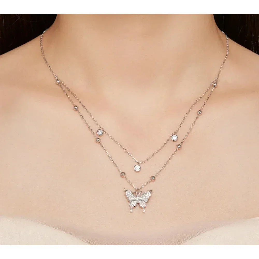 925 Sterling Silver Double-layer Tassel Butterfly Pendant Necklace for Women - Elegant Fine jewelry