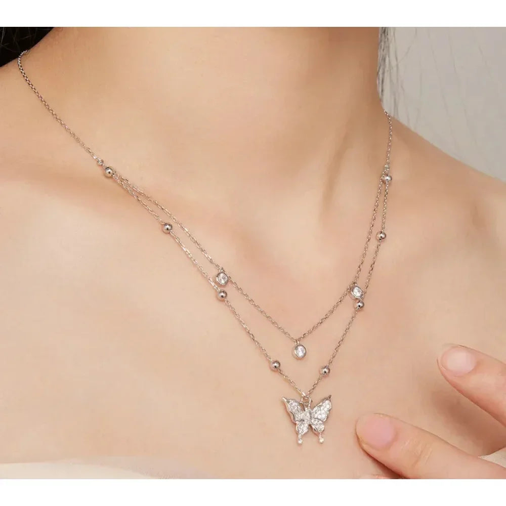 925 Sterling Silver Double-layer Tassel Butterfly Pendant Necklace for Women - Elegant Fine jewelry