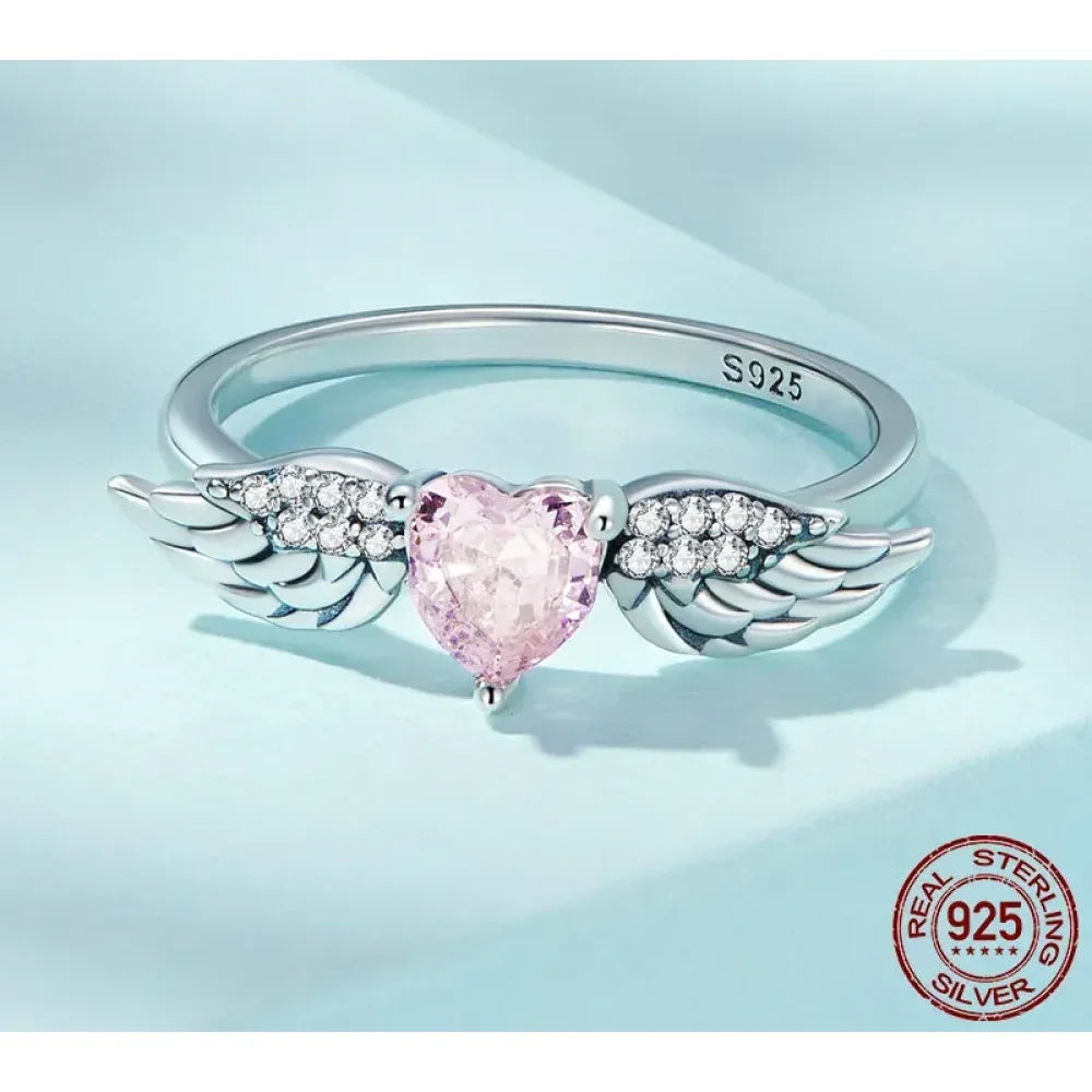 925 Sterling Silver Pink Heart Zircon Ring for Women - Love & Wing Ring