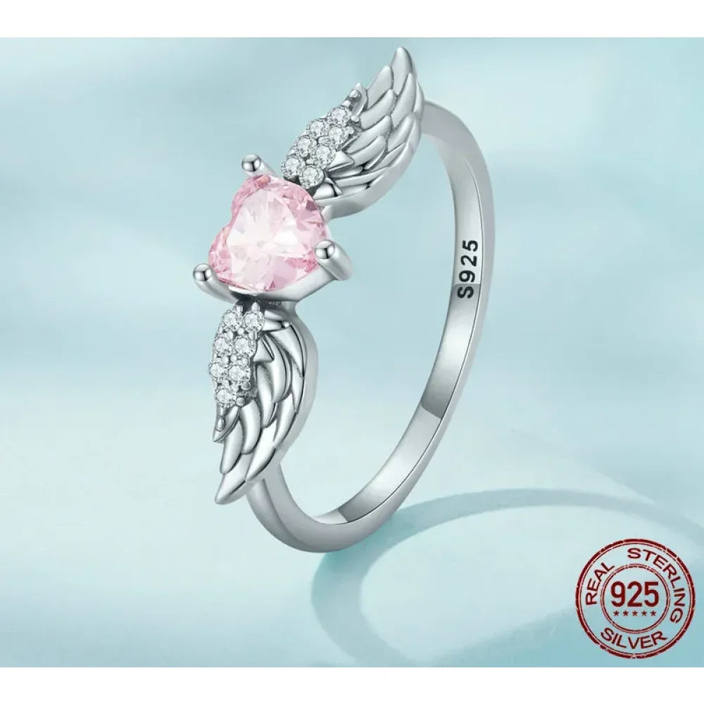 925 Sterling Silver Pink Heart Zircon Ring for Women - Love & Wing Ring