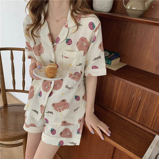 Little Bear Strawberry Print Short Sleeve Shorts Women Pajamas Sleep and Lounge wear