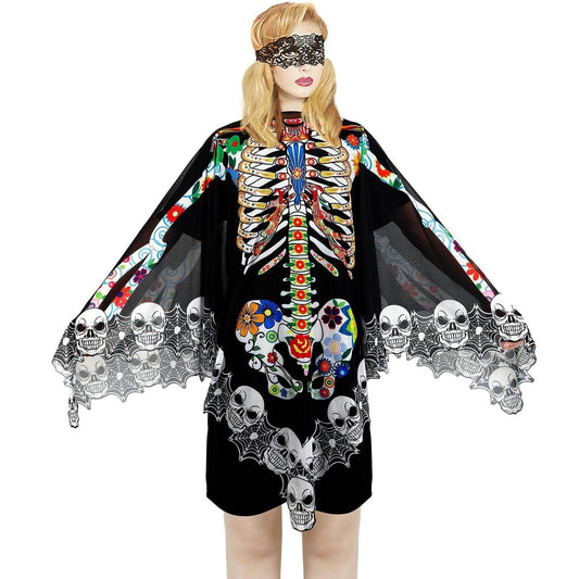 Halloween Skeleton Poncho, Lace Skeleton Halloween Costume Poncho Day Of The Dead Colorful Poncho For Women, 59 Inchx59 Inch-Cannot Be Listed On Amazon Platform