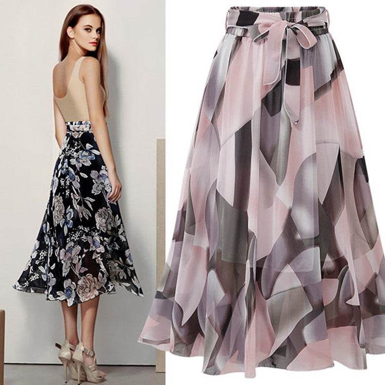 Women Formal Work Office High Waist Floral Midi Big Swing Chiffon Skirt