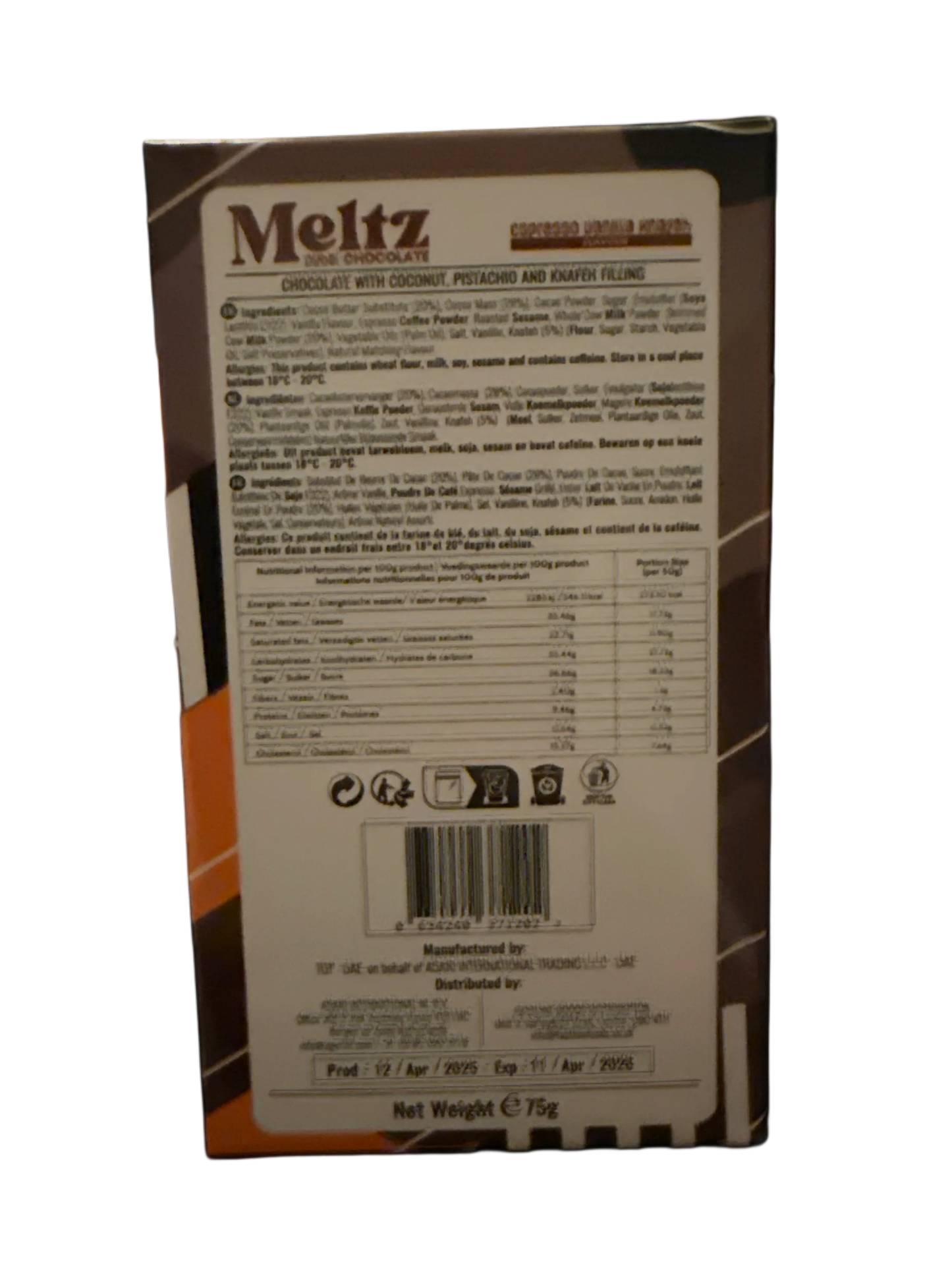 Meltz Dubai Chocolate Espresso Vanilla Knafeh Flavour 75G - Dubai Edition