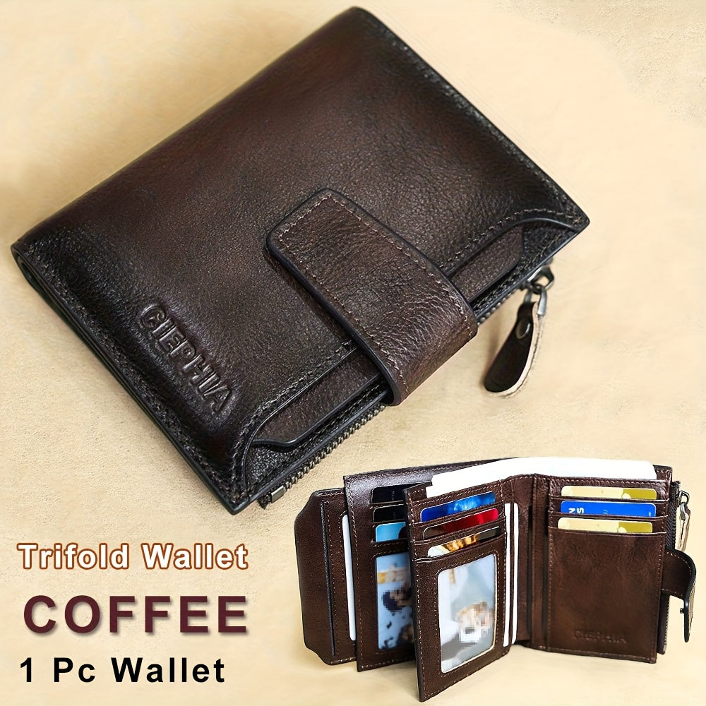 1pc CIEPHIA Men's Genuine Leather Wallet Vintage RFID Blocking Anti-Theft Billfold with Adjustable Strap, 17 Card Slots, ID Window, Coin Pocket & Zipper Closure - Deep Brown, Valentine's Day Gift for Men, Perfect for Thanksgi