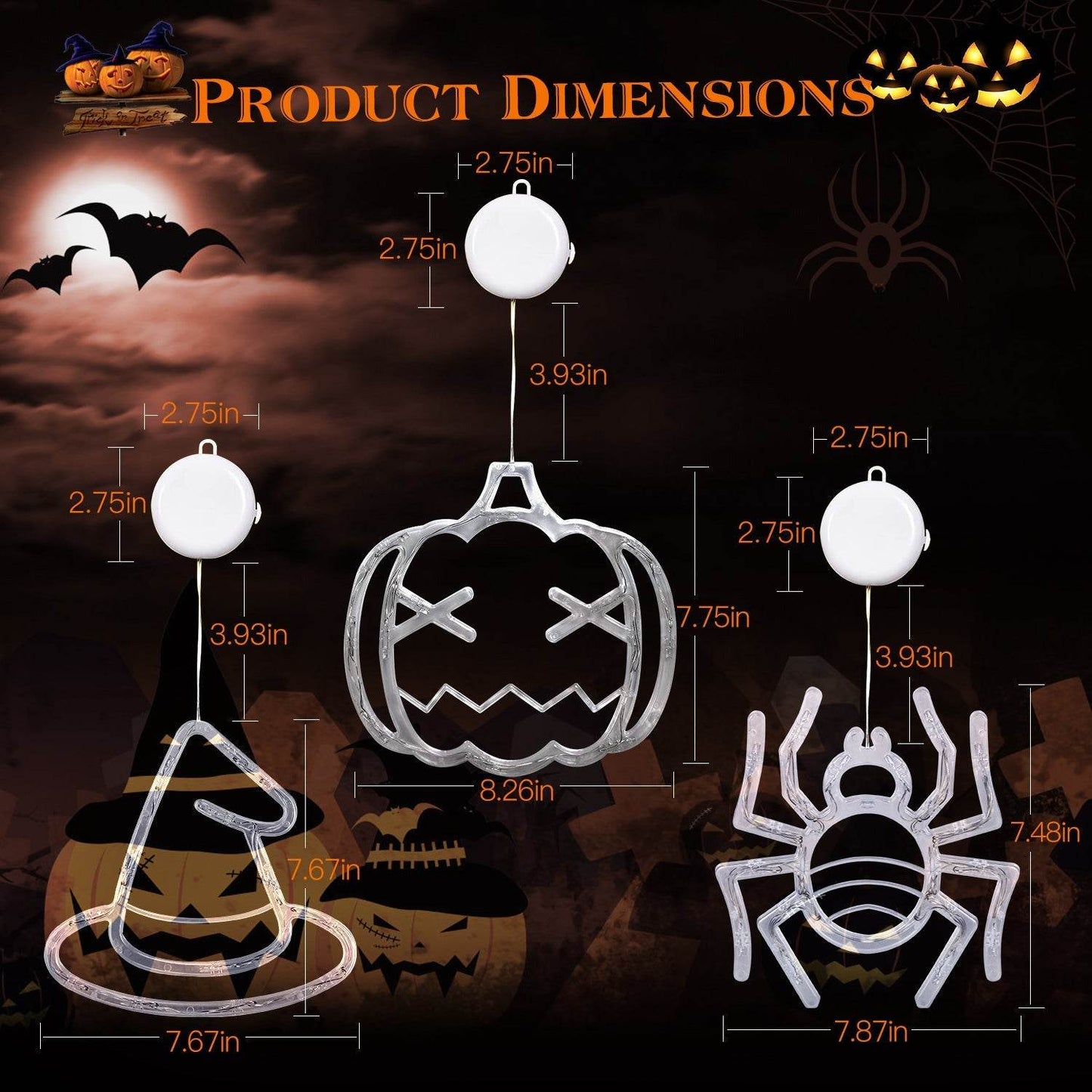 Set Of 3 Pack Halloween Window Light Spider Witch Hat Pumpkin With Orange Light Hanging Halloween Decoration Light With Suction Cup Hanging Holes