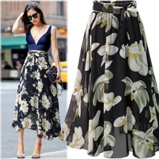 Women Formal Work Office High Waist Floral Midi Big Swing Chiffon Skirt