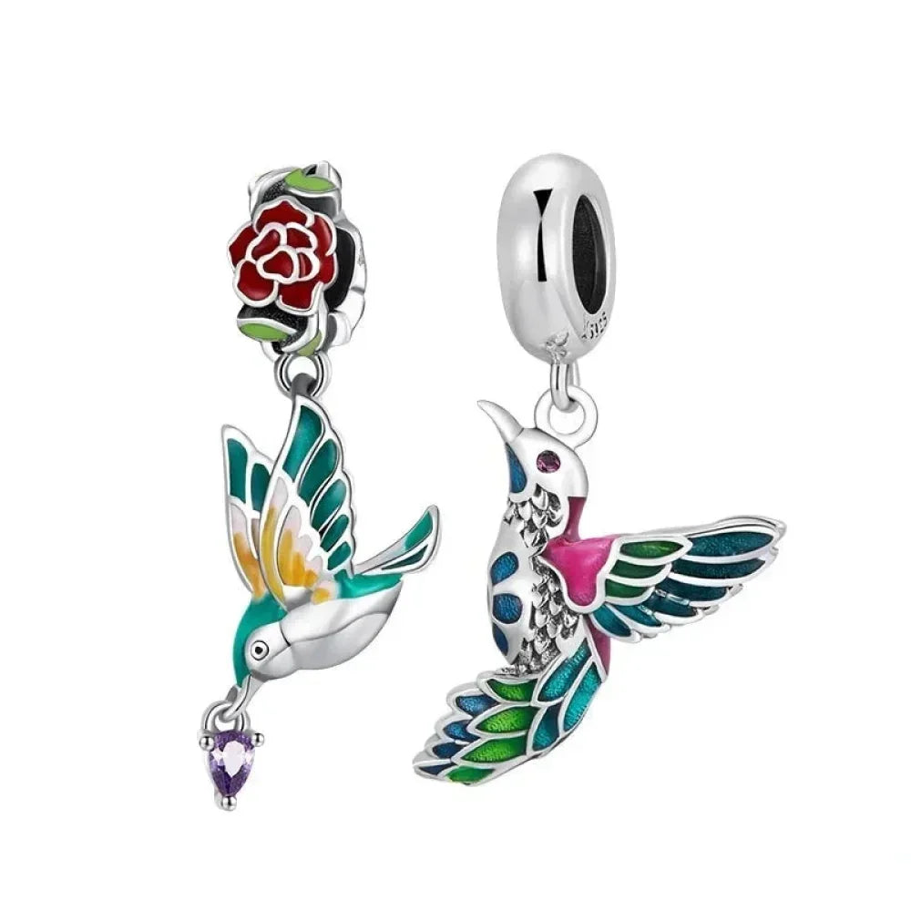 Springtime Charm - Sterling Silver Flower & Bird Pendant For Bracelets