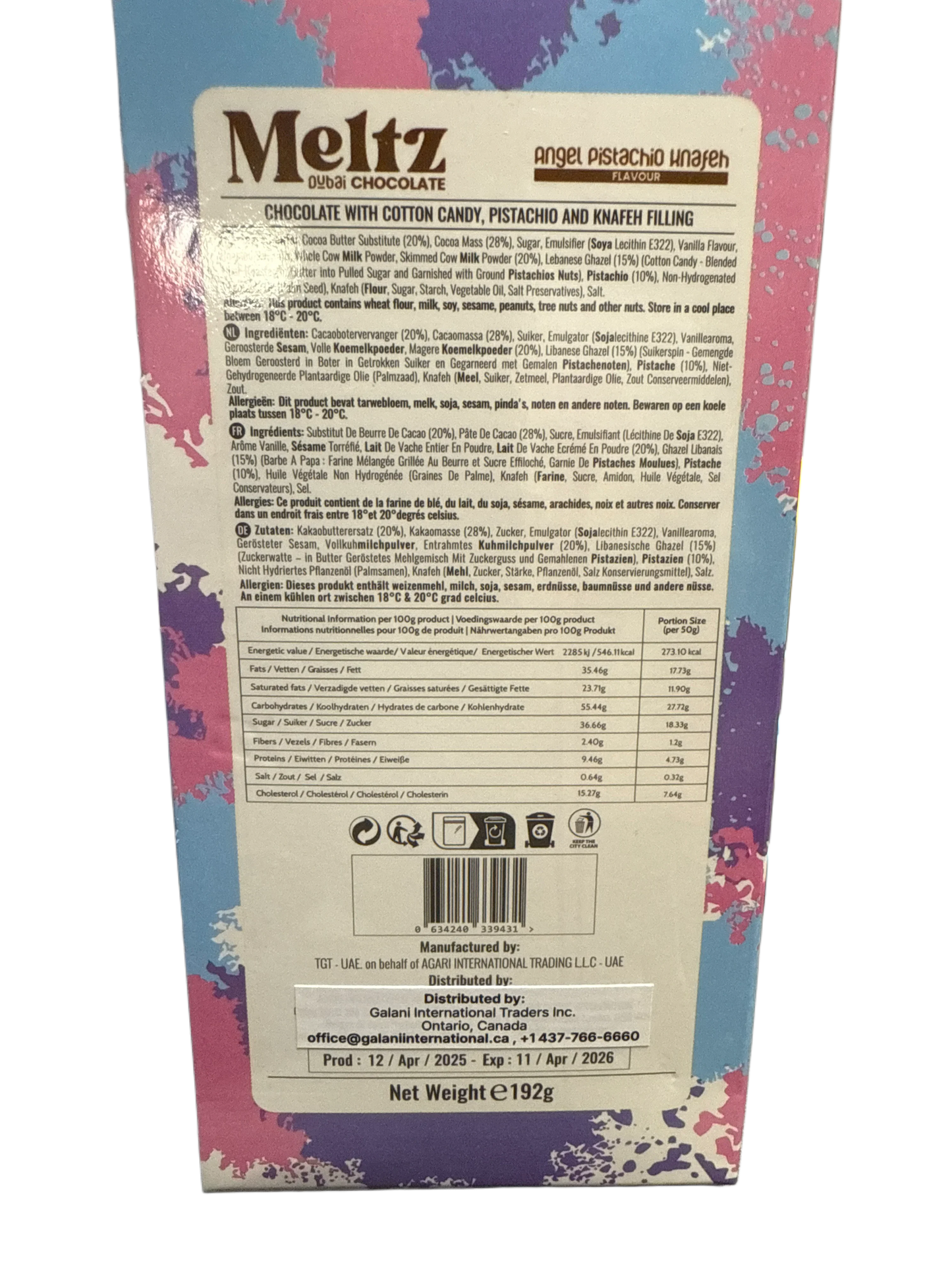 Meltz Dubai Chocolate Angel Pistachio Knafeh Flavour 192G - Dubai Edition