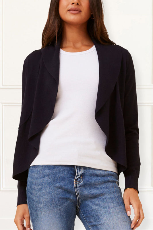 Alessia Lightweight Open-Front Black Cardigan Draped Waterfall Fit-0