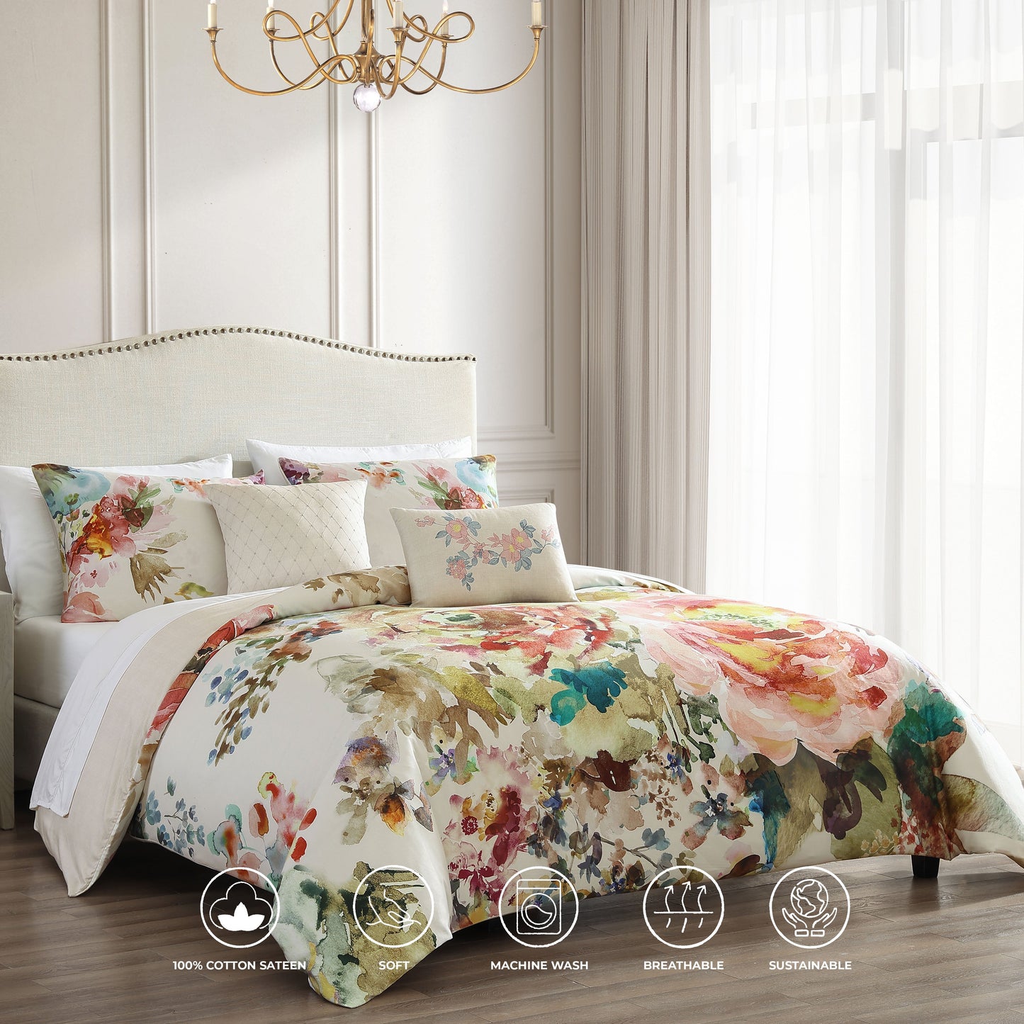 Bebejan Antique Flowers Ivory 5 Piece Reversible Comforter Set-1